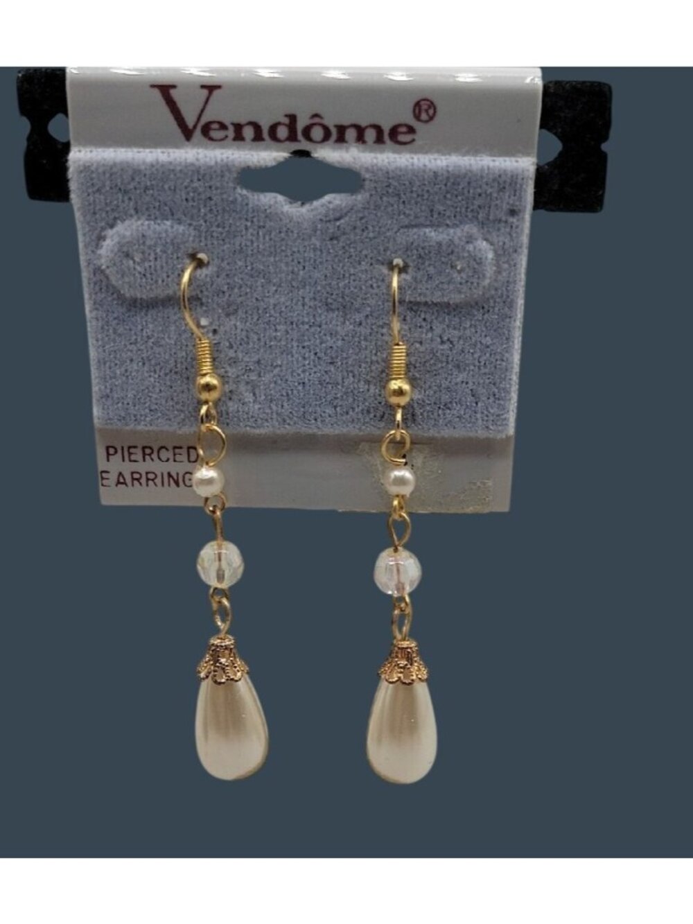 Vtg Vendome Faux Baroque Pearl Crystal Dangling Earrings Gold Tone 4" Drop NEW